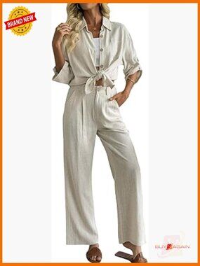 Women's 2 Piece Linen Pants Set Button Down Shirt Wide Leg Outfit